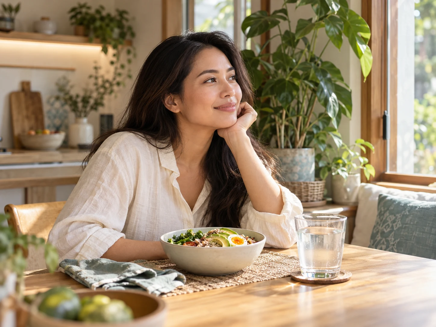 Ilustrasi seorang perempuan menikmati waktu makan dengan tenang di rumah